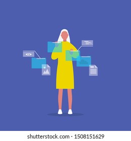 Augmented reality. Blue Holographic display. Young female character working with folders and files. Futuristic lifestyle. Office. Manager. Flat ediatble vector illustration, clip art
