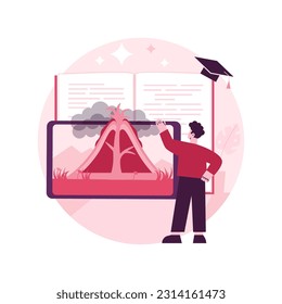 Ilustración vectorial de concepto abstracto de libro de realidad aumentada. Modelo educativo, contenido digital, smartphone y consola de juegos, reproducción de video, interacción con la metáfora abstracta del texto.