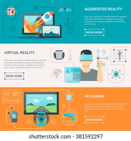 Augmented reality by electronic glass virtual reality wear and VR gaming with controllers flat horizontal banners vector illustrations