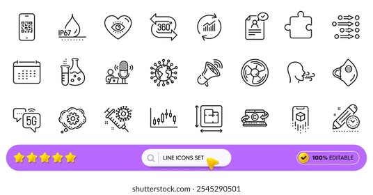 Realidad aumentada, Frasco de química y Copywriting línea de cuaderno iconos para App de Web. Paquete de orden, impermeable, iconos del pictograma del rompecabezas. Coronavirus, ejercicio de respiración, signos de calendario. Vector