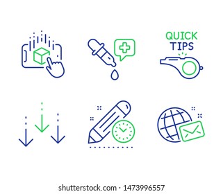Augmented reality, Chemistry pipette and Scroll down line icons set. Project deadline, Tutorials and World mail signs. Phone simulation, Laboratory, Swipe screen. Time management. Vector