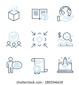 Realidad aumentada, CogWheel y Minimizar los iconos de línea. Certificado de Diploma, Salvar planeta, grupo de personas. Comprobar la inversión, Iniciar negocios y los signos de ayuda. Vector