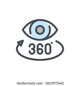 Farbsymbol der erweiterten Realität Auge mit rotierenden Pfeil und 360 Vektorgrafik farbiges Zeichen.