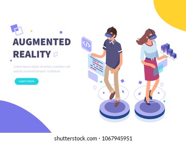 augmented reality concept banner with character. Can use for web banner, infographics, hero images. Flat isometric vector illustration isolated on white background.