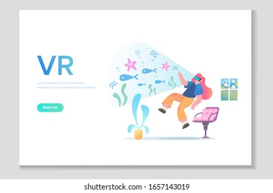 Augmented reality concept banner with character. Can use for web banner. People relax using VR technology. Vector illustration isolated