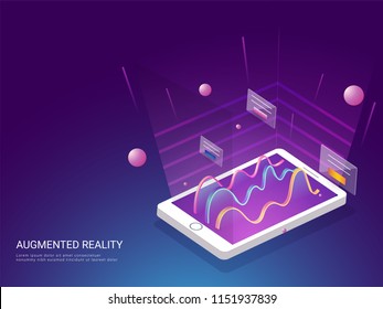 Augmented Reality concept based landing page design, isometric illustration smartphone with infographic elements.