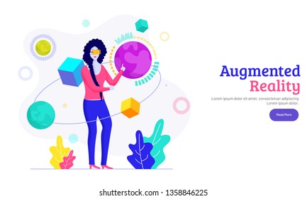 Augmented Reality Konzept mit einem Mädchen, das mit imaginärem Universum interagiert. Website-Banner oder Template-Design.