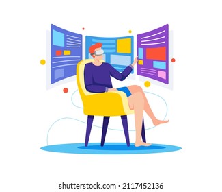 Augmented reality concept illustration. Young man touching virtual screen around using VR goggles glasses. Vector illustration in a flat style