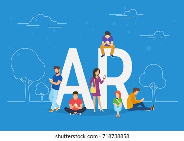 Augmented reality concept illustration of young people using smartphone ar kit app for playing game and see augmented elements in real life. Flat design of guys and women standing near big letters