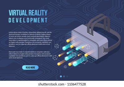 Augmented reality concept isometric banner. Flat design template for mobile app and website. Virtual reality isometric illustration.