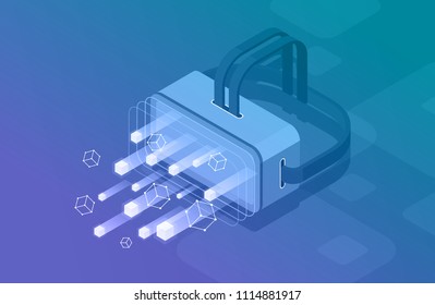 Banner isométrico del concepto de realidad aumentada. Plantilla de diseño plano para aplicaciones móviles y sitio web. Realidad virtual ilustración isométrica.
