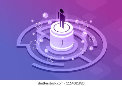 Augmented reality concept isometric banner. Flat design template for mobile app and website. Virtual reality isometric illustration.