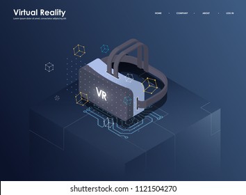 Augmented reality concept isometric banner. Flat design template for mobile app and website. Virtual reality isometric illustration.