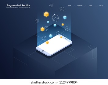 Augmented reality concept isometric banner. Flat design template for mobile app and website. Virtual reality isometric illustration.