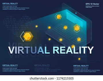 Augmented reality concept isometric banner flat design template for computer app and website, virtual reality