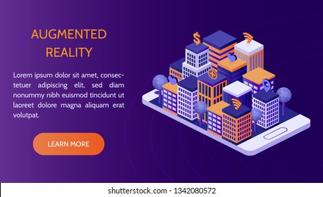 Augmented reality concept. Isometric city with money, wi-fi, medicine and social media symbols in smartphone. Vector illustration. Template for web design. 