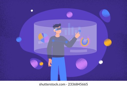 Augmented reality concept. Man in AR glasses evaluates graphs and charts. Infographics and visualization of data, statistics. Innovations and modern technologies. Cartoon flat vector illustration