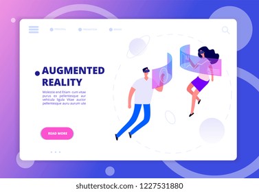 Augmented reality concept. Persons in vr headsets and goggles. Futuristic virtual reality vector banner