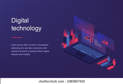 Augmented reality concept. Smart city technology. Landing page template. Web banner with laptop and currency. Isometric gradient style. Home page concept. UI design mockup