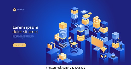 Augmented reality concept. Smart city technology. Landing page template. 3d vector isometric illustration. 