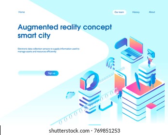 Augmented reality concept. Smart city technology. Landing page template. 3d vector isometric illustration.