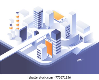 Augmented reality concept. Smart city technology. Simple low poly architecture. 3d vector isometric illustration.