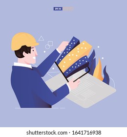 Augmented reality concept  template. An architect view 3D buildings in tablet that emerge from architecture plan document vector illustration
