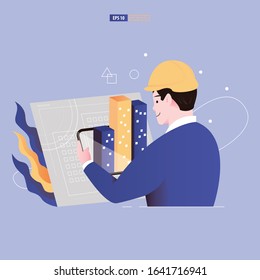 Augmented reality concept  template. An architect view 3D buildings in tablet that emerge from architecture plan document vector illustration