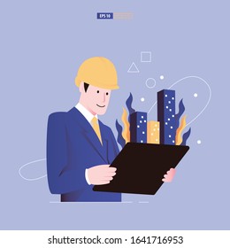 Augmented reality concept  template. An architect view 3D buildings in tablet that emerge from architecture plan document vector illustration