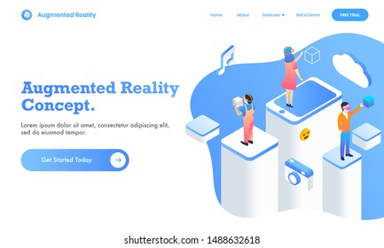 Augmented Reality Concept web page design with user using virtual social media app in different platform, 3d illustration.