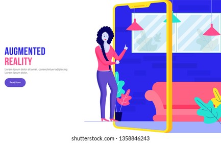 Augmented reality Concept website template for web page. A girl using isometric interior design app connected with smartphone device.