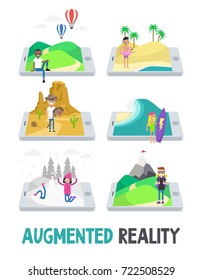 Augmented reality conceptual illustration. Three dimensional images extending on the mobile screen / flat vector illustration, clip art