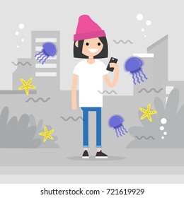 Augmented reality conceptual illustration. Young female character walking around the city surrounded by the augmented reality images of marine life. Flat editable vector illustration, clip art
