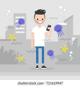 Augmented reality conceptual illustration. Young character walking around the city surrounded by the augmented reality images of marine life. Flat editable vector illustration, clip art