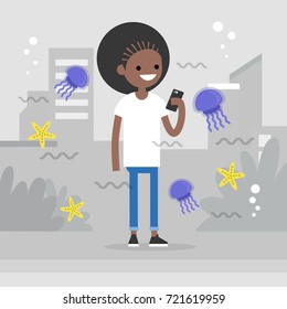Augmented reality conceptual illustration. Young black character walking around the city surrounded by the augmented reality images of marine life. Flat editable vector illustration, clip art