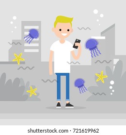 Augmented reality conceptual illustration. Young character walking around the city surrounded by the augmented reality images of marine life. Flat editable vector illustration, clip art