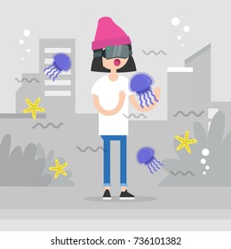 Augmented reality conceptual illustration. Young character wearing vr headset and walking around the city surrounded by the augmented reality images of marine life. Flat editable vector illustration