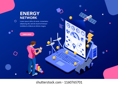 Augmented reality connection and accounting of energy station. Future, futuristic chart of energy visualization on application, email or infographics. Infrastructure of network. Flat isometric design.