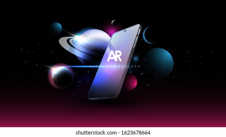 Augmented reality Creative banner. AR technology concept for web and app. Concept with Space background. Planet of solar system.