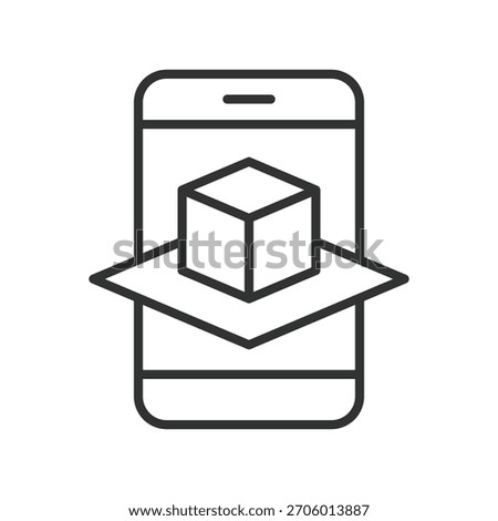 Augmented reality cube smartphone icon in line design. augmented reality cube, AR model, digital overlay, 3D object, virtual element, smartphone AR display, immersive tech, mobile simulation on white
