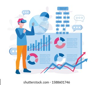 Augmented Reality For Data Analysis, AR  VR In Business, Man Interacting With Charts In Computer And Analyzing Statistics, Vector Illustration For Web Banner, Infographics, Mobile. Data Visualisation