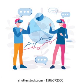 Augmented reality for data analysis, Data visualisation, AR  VR in business, People interacting with charts and analyzing statistics, Vector illustration for web banner, infographics, mobile.