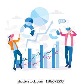 Augmented reality for data analysis, Data visualisation, AR  VR in business, People interacting with charts and analyzing statistics, Vector illustration for web banner, infographics, mobile.