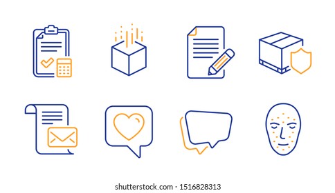 Augmented reality, Delivery insurance and Mail letter line icons set. Article, Accounting checklist and Heart signs. Speech bubble, Face biometrics symbols. Line augmented reality icon. Vector
