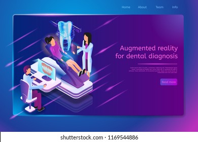 Augmented Reality for Dental Diagnosis Isometric Web Banner with Patient Sitting on Dentist Chair and Doctors Examining Jaw on Monitor and Sick Tooth Virtual 3d Image. Dental Clinic Web Page Template