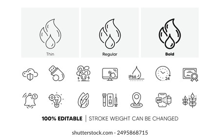 Augmented reality, Difficult stress and 24 hours line icons. Pack of Waterproof, Location, Reminder icon. Flammable fuel, Blood and saliva test, Touch screen pictogram. Line icons. Vector