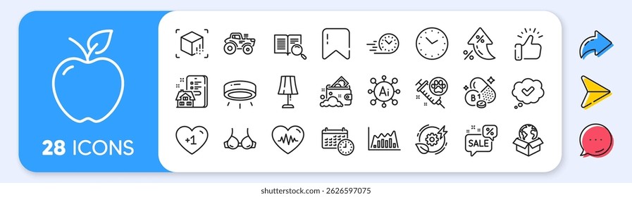 Augmented reality, Dog vaccination and Search text line icons. Interest rate, AI generate, Inflation icons. Pack of Discounts bubble, Table lamp, Property agency icon. Vector
