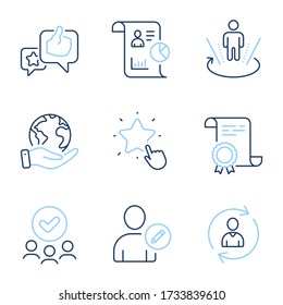 Augmented reality, Edit user and Ranking star line icons set. Diploma certificate, save planet, group of people. Report, Person info and Like signs. Virtual reality, Profile data, Click rank. Vector