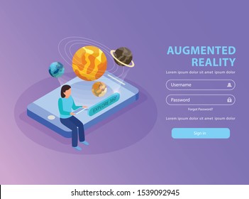 Augmented reality educative site  isometric landing page with woman visualizing solar system using smartphone background vector illustration 