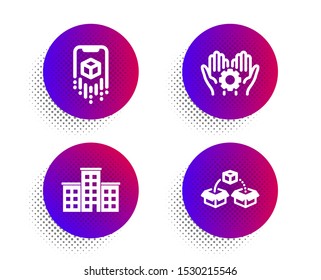 Augmented reality, Employee hand and Company icons simple set. Halftone dots button. Parcel shipping sign. Phone simulation, Work gear, Building. Send box. Technology set. Vector